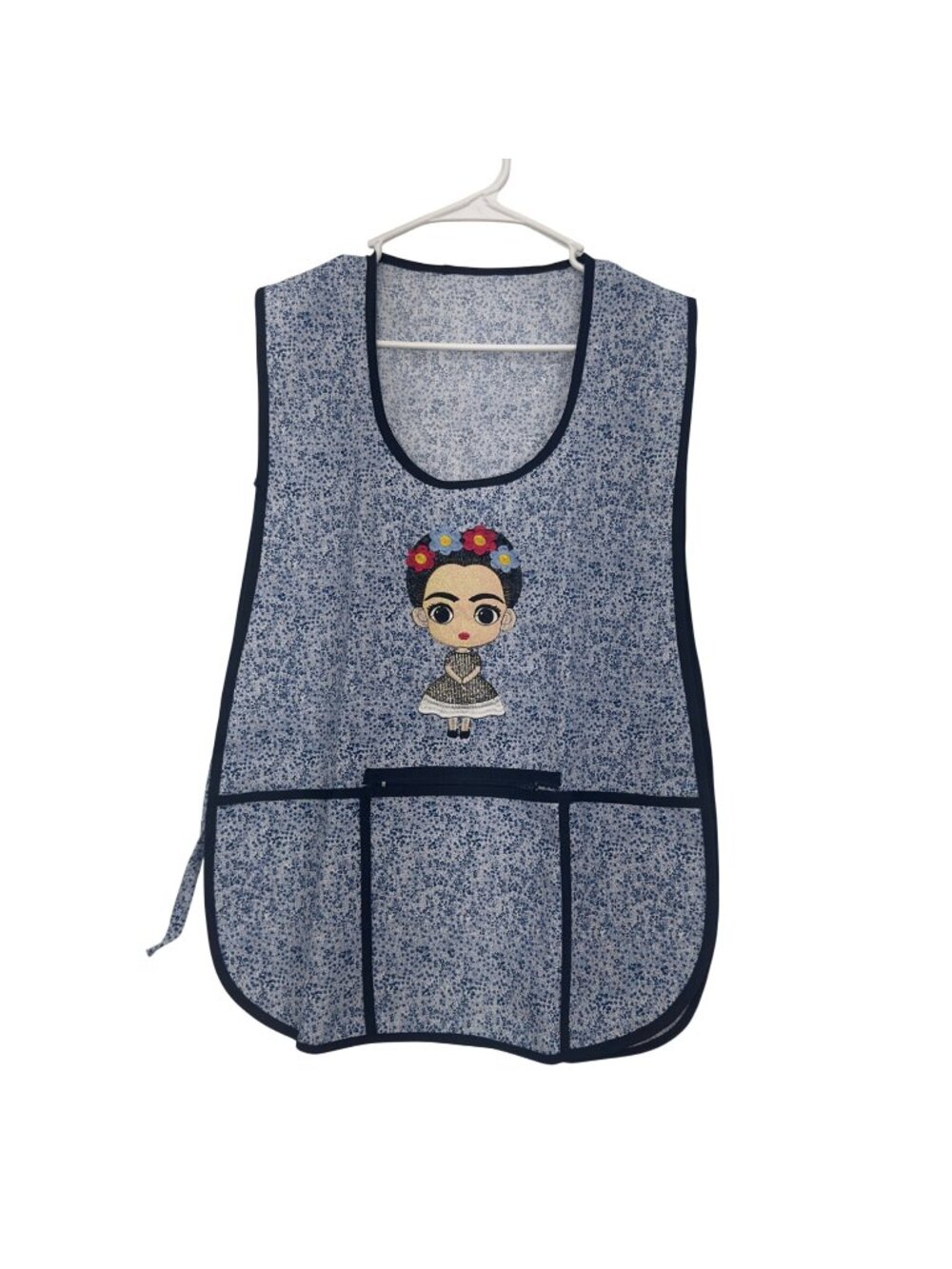 Apron Women One Size Blue Floral Frida-Inspired Embroidered Pockets Tie Closure